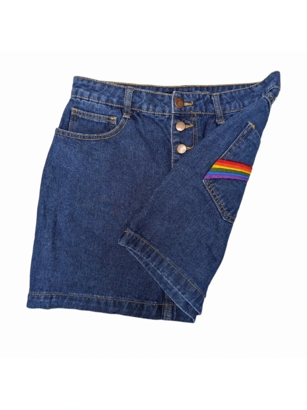 Forever 21 Blue Denim Mini Skirt with Rainbow Pocket Trim Sz Small